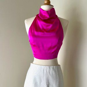 Amanda Uprichard, High Neck Tie Back Halter in Hot Pink Silk, size m